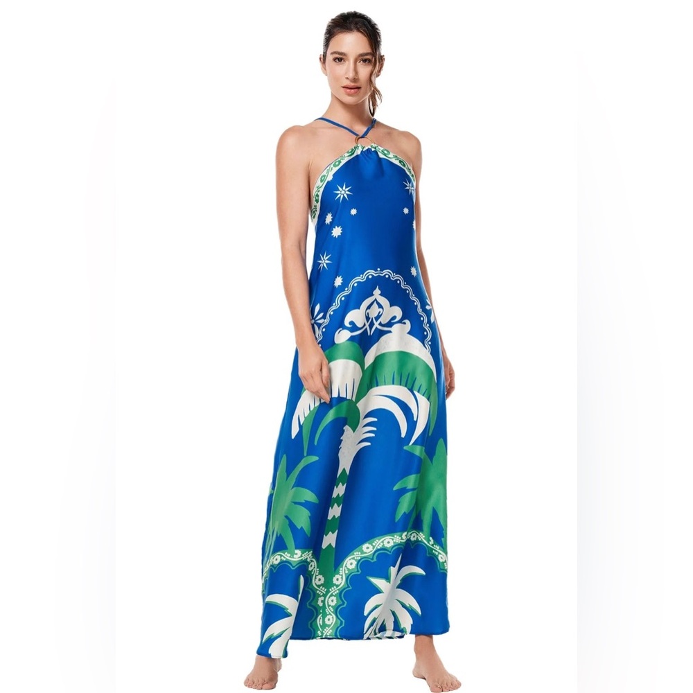 Maxine Blue and Green Halter Maxi Dress from WOAHCO